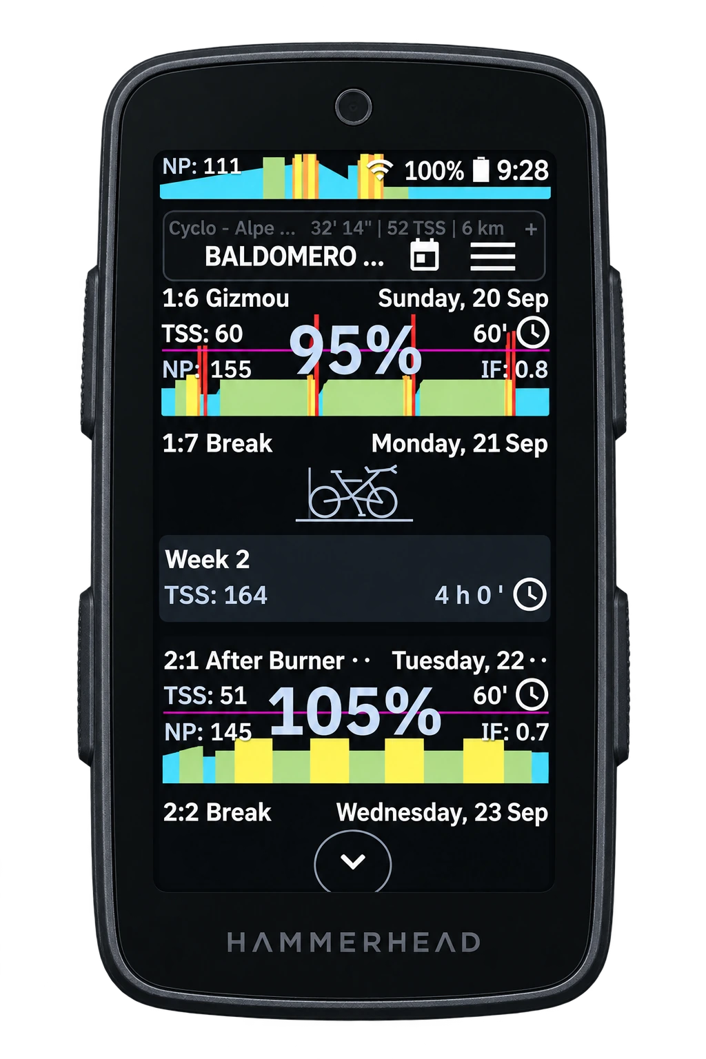 VinApp training plan screen on a Hammerhead Karoo device