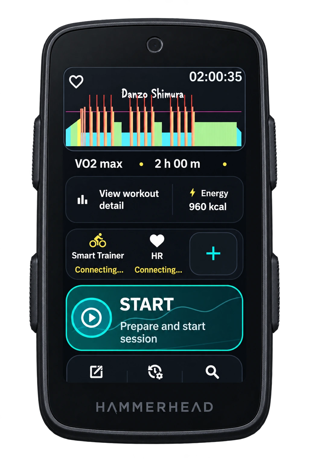 VinApp workout detail screen on a Hammerhead Karoo device