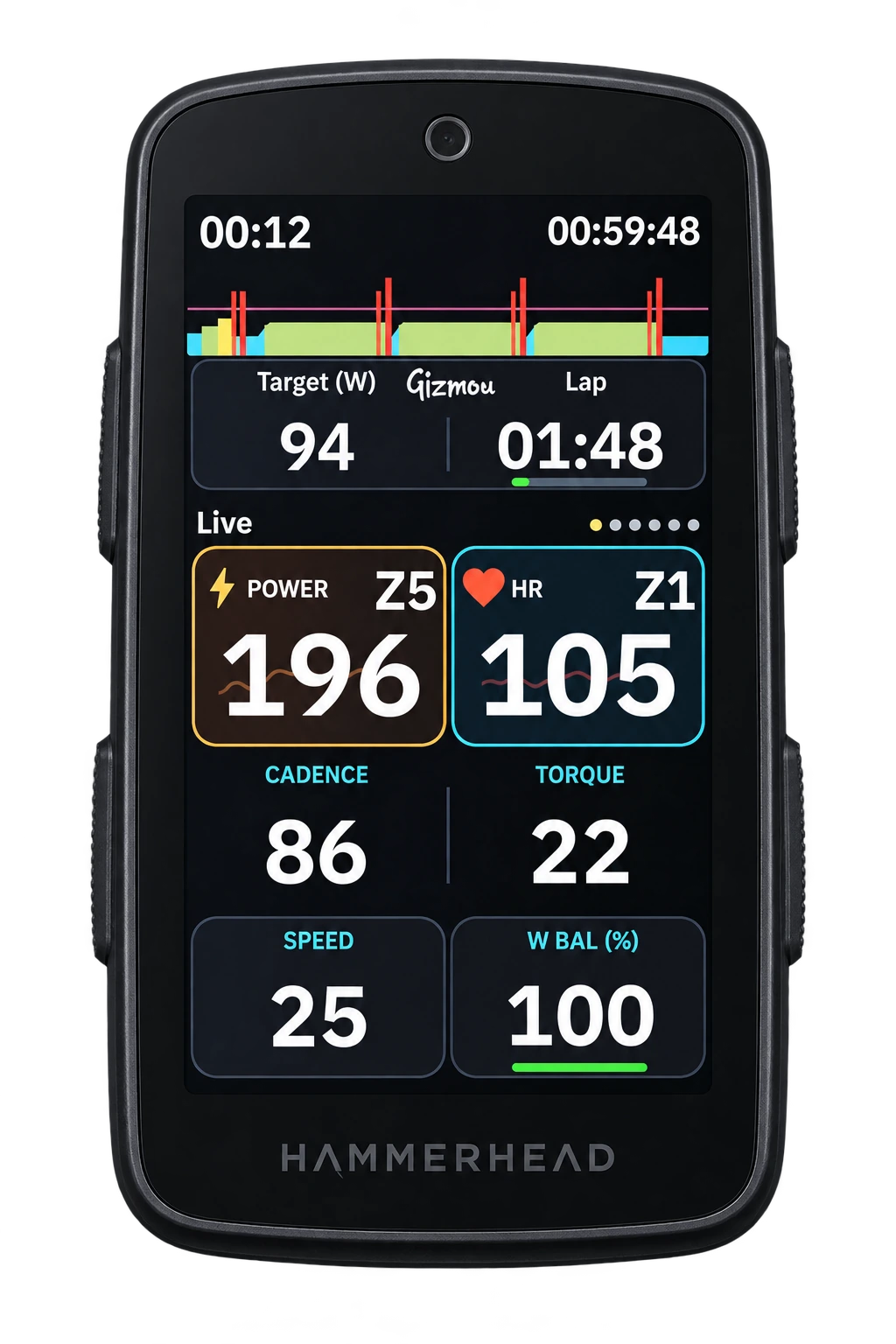 VinApp live workout screen on a Hammerhead Karoo device