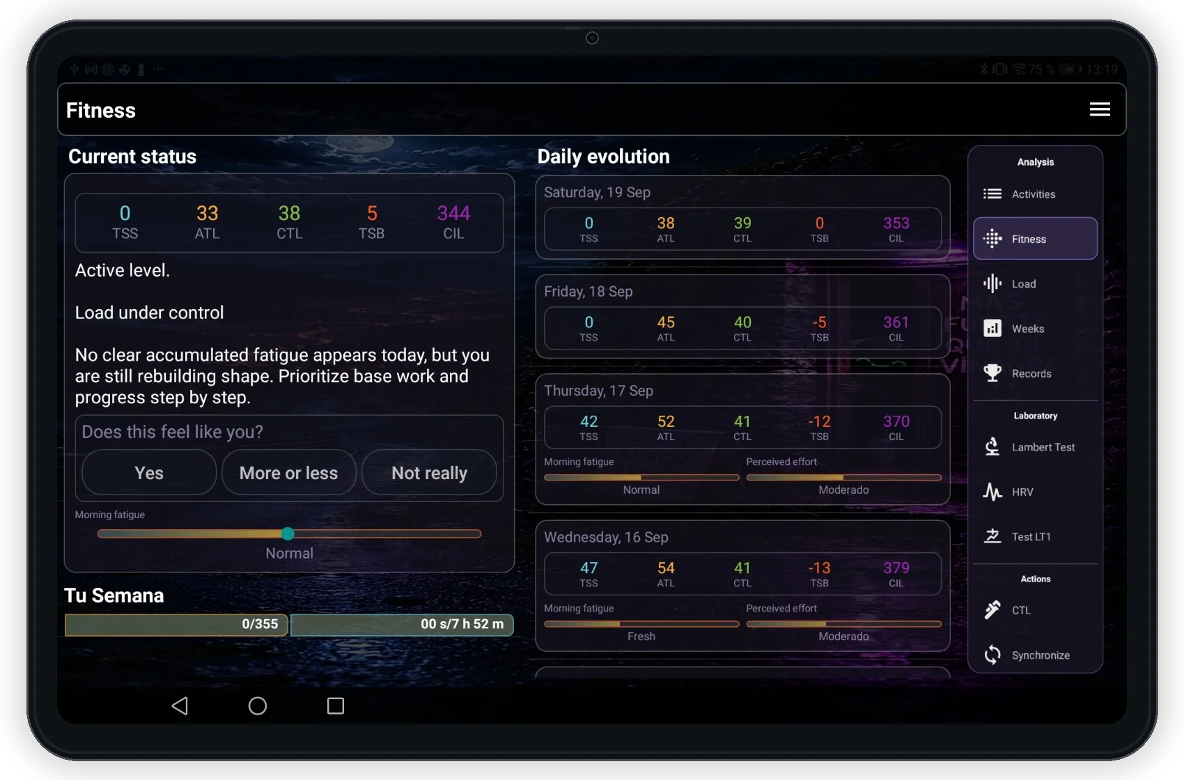 VinApp fitness and training status on tablet