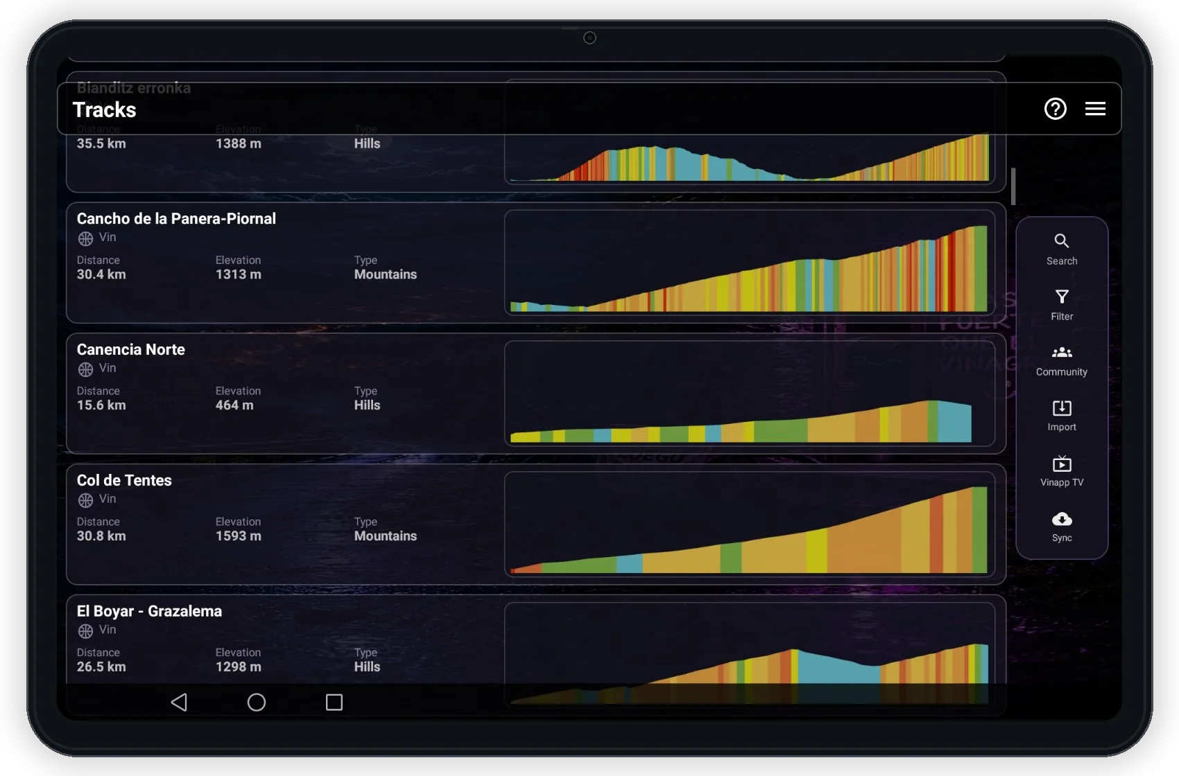 VinApp route and GPX library on tablet