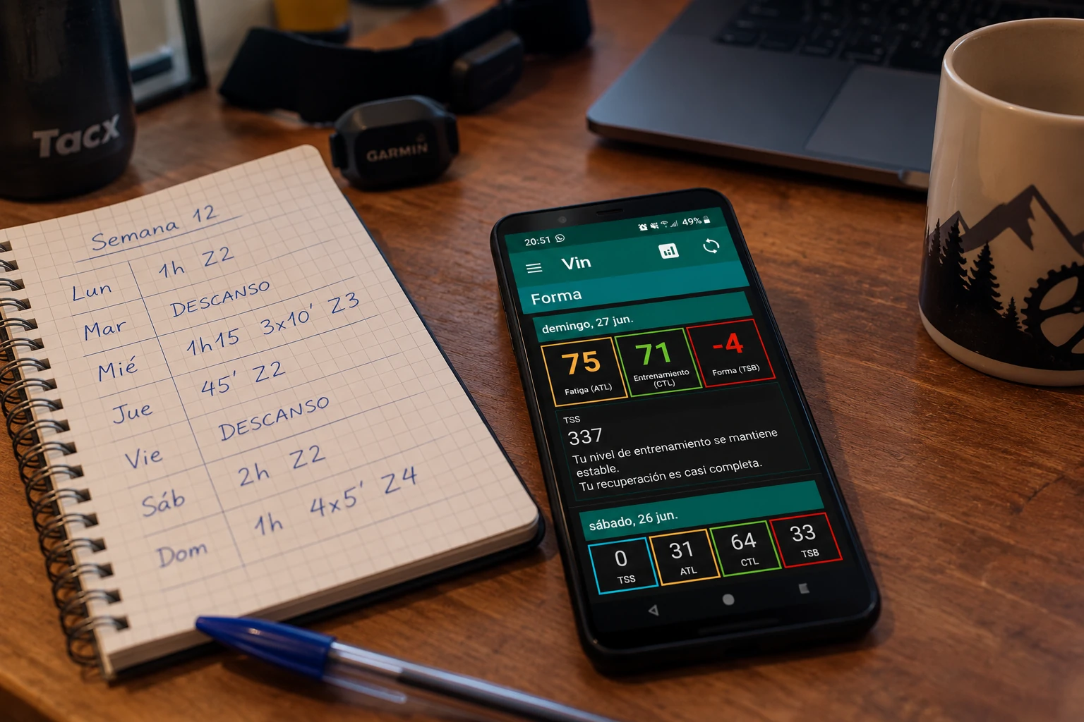 Phone on the table showing Vin's legacy Fitness screen with ATL, CTL, TSB and TSS, next to the notebook