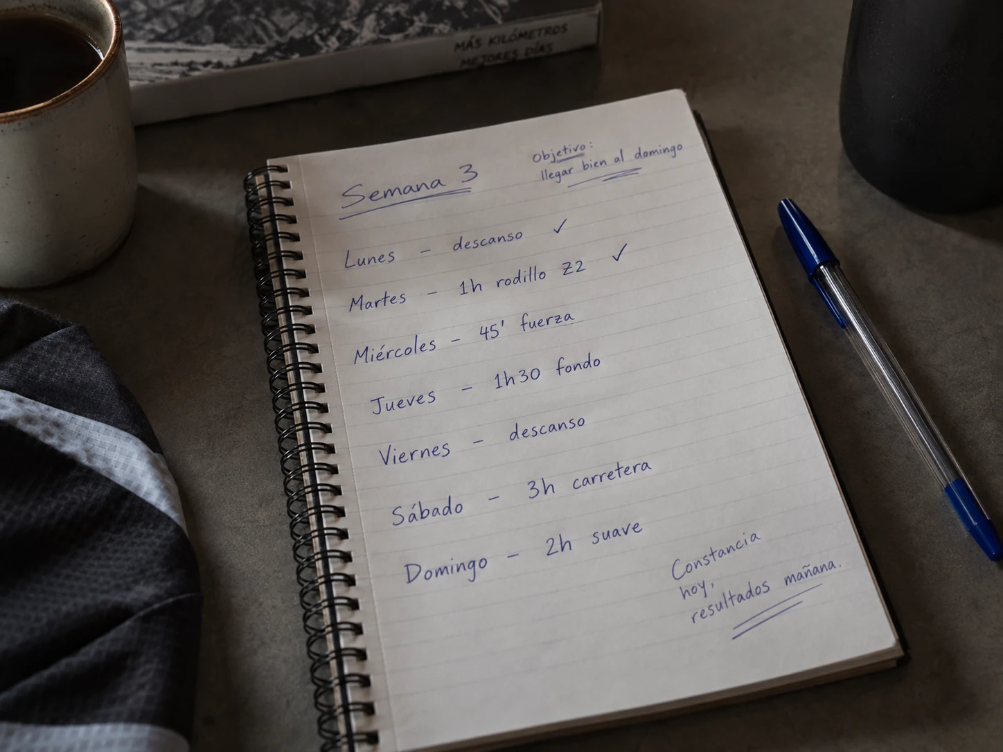 Handwritten weekly training plan in a notebook, where the Vin plan began