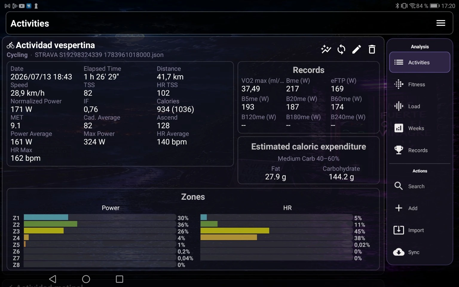 VinApp activity analysis on a tablet